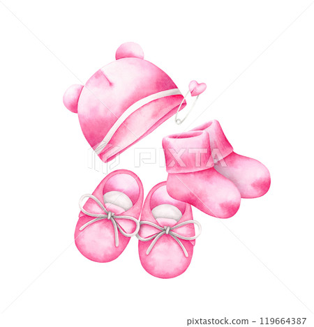 Beanie, socks and shoes, with safety pin. Pink newborn, baby girl items composition for baby shower. Watercolor hand drawn illustration isolated on white background. For invitation card, design, decor 119664387