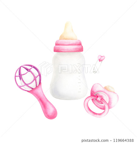 Rattle, pacifier, bottle and safety pin composition. Pink newborn, baby girl items set for baby shower. Watercolor hand drawn illustration, isolated on white background. For invitation card, design. 119664388