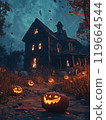 Halloween landscape with pumpkins and houses 119664544