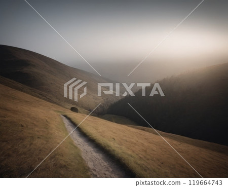 beautiful mountain landscape on a foggy autumn morning 119664743