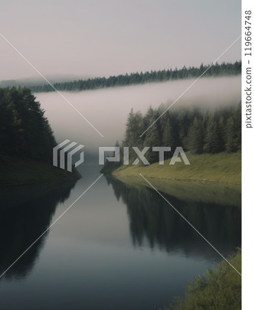 river in forest foggy morning landscape 119664748