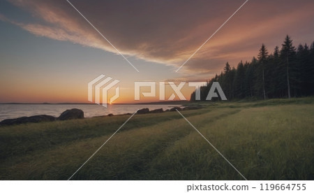 lake in the forest beautiful landscape at sunset 119664755