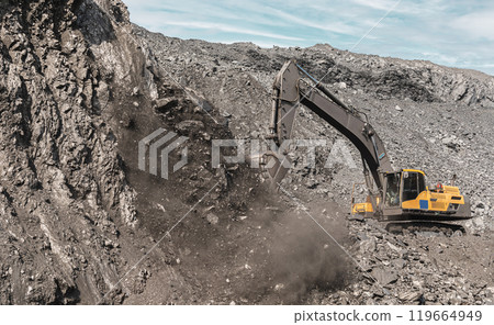 Large quarry dump excavator. Big yellow mining excavator at work site. Loading coal into body truck. Mining digger, mining machinery to loading rock. Production useful minerals 119664949