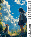 Blue sky, young woman and cat 119665113