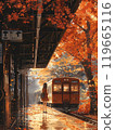 Train and station running through a tunnel of autumn leaves 119665116