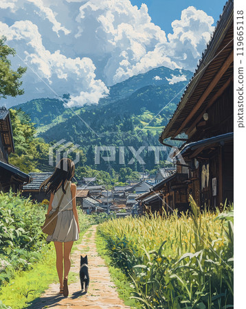 A woman walking along a country road with a cat A woman walking along a country road with a cat 119665118