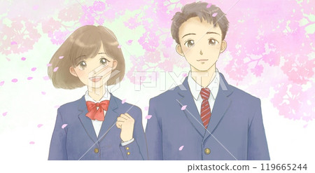 穿著制服和櫻花拳頭的男人和女人的插圖 119665244