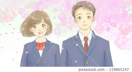 穿著制服和櫻花的男女插畫 119665247