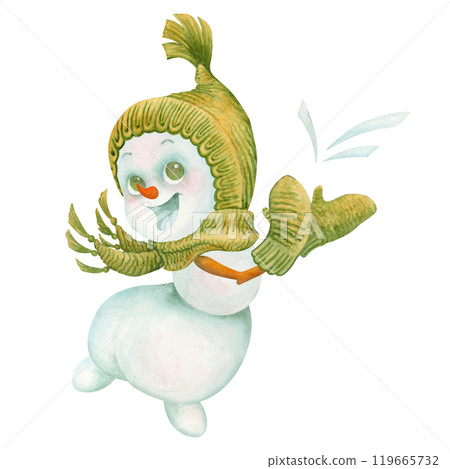 Christmas or New Year celebration concept. Cute character snowman child joyfully dances jumping on one leg and clapping his hands. Watercolor isolated illustration for winter holiday prints and design Christmas or New Year celebration concept. Cute character snowman child joyfully dances jumping on one leg and clapping his hands. Watercolor isolated illustration for winter holiday prints and design 119665732
