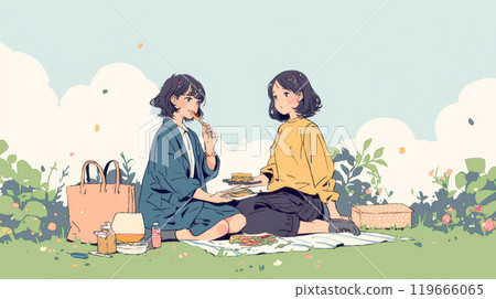 野餐時吃午餐的年輕女子 119666065