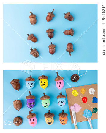 two sections kids tutorial instruction on light blue background. Top section shows plain acorns, bottom shows colorful acorns with various expressions. Creative DIY concept 119666214