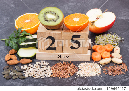 May 25 on cube calendar and best food for healthy thyroid. World Thyroid Day 119666417