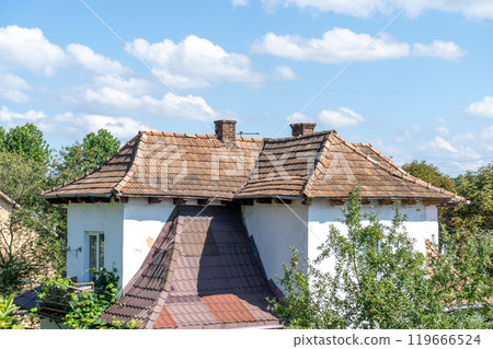 Old tiled roof on the house. 119666524