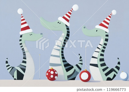 Three Cartoon Dinosaurs in Party Hats with Colorful Balls 119666773