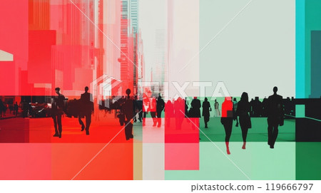Colorful Urban Life: Abstract Cityscape with Silhouetted People. World Population Day 119666797