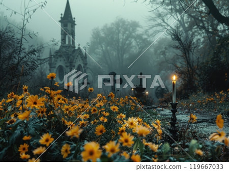 All Souls' Day. Foggy cemetery with chapel and yellow flowers in bloom. 119667033