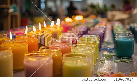 All Saints' Day. Row of colorful scented candles in jars on table. 119667034