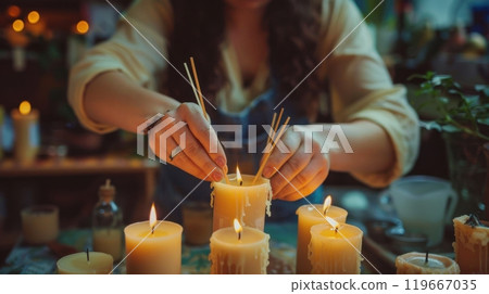 All Souls' Day. Hands arranging incense sticks into lit candles for spiritual ritual. 119667035