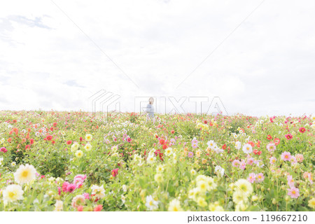 A woman happily strolling through a flower field A woman happily strolling through a flower field 119667210