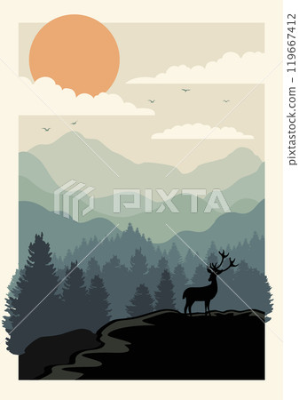 Wildlife animals in nature illustration poster. Minimalistic winter forest and deer 119667412