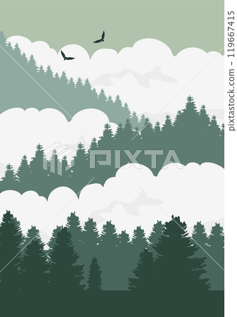 Abstract winter landscape postcard composition. Mountains forest cloudscape flat illustration 119667415