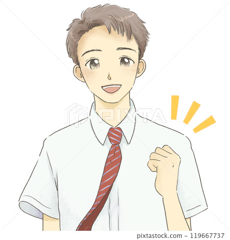 Illustration of a smiling boy in uniform posing with fist pump, short sleeves 119667737