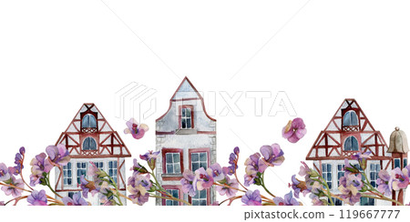 Old European city town street houses facades, bergenia flower. Historical cityscape building. Watercolor hand drawn seamless banner. Tourist shops, souvenirs, travel brochures, architectural bureau 119667777