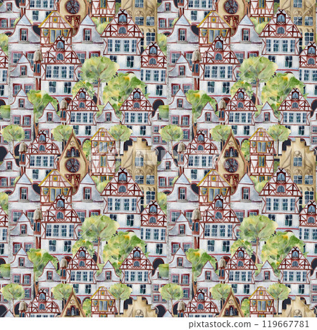 Old European city town street houses urban facades, trees. Historical cityscape building. Watercolor hand drawn seamless banner. For tourist shops, souvenirs, travel brochures, architectural bureau 119667781