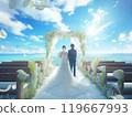 新娘和新郎手牽手在海灘上 119667993
