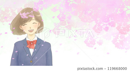 Illustration of a smiling girl in uniform and cherry blossoms, fist pump Illustration of a smiling girl in uniform and cherry blossoms, fist pump 119668000
