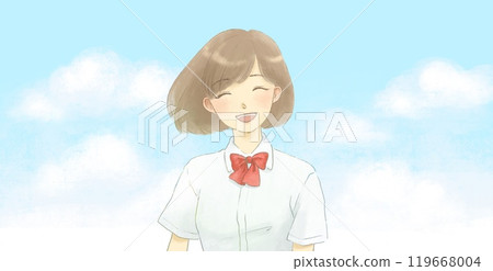 Illustration of a smiling girl in uniform and blue sky - Short sleeves 119668004