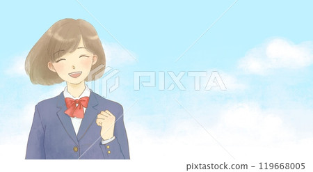 Illustration of a smiling girl posing with her fist in the air and a blue sky - Blazer Illustration of a smiling girl posing with her fist in the air and a blue sky - Blazer 119668005