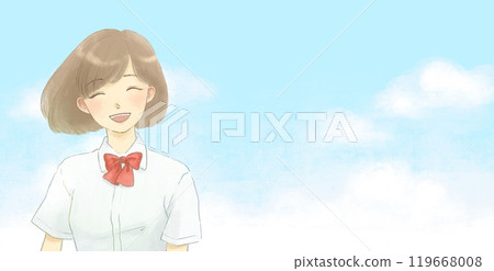 一個穿著制服和藍天、短袖的微笑女孩的插圖 119668008