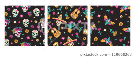 Set of seamless patterns day of the dead. Vector graphics. 119668203