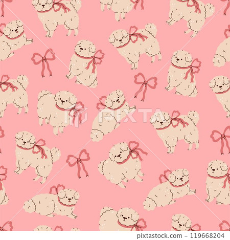 Seamless pattern with cute dogs with bows on a pink background. Vector graphics. 119668204