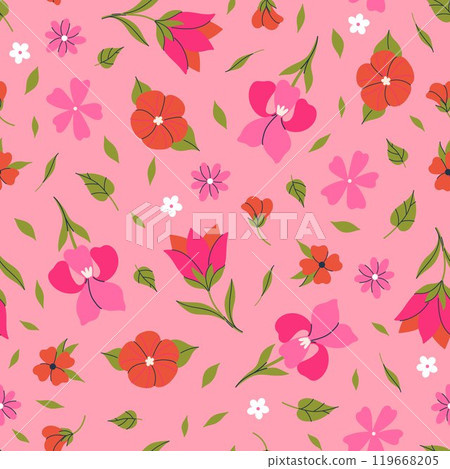 Seamless pattern with red and pink flowers. Vector graphics. 119668205