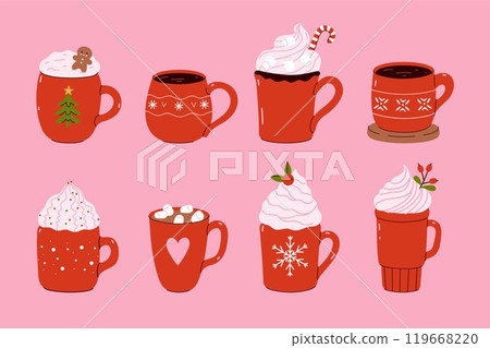 Set of winter drinks in red mugs. Vector graphics. 119668220