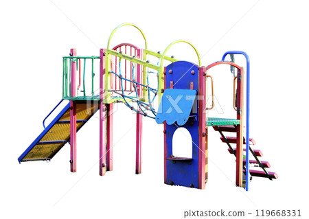 children's playground with a variety of play structures. The playground is surrounded by grass and trees children's playground with a variety of play structures. The playground is surrounded by grass and trees 119668331