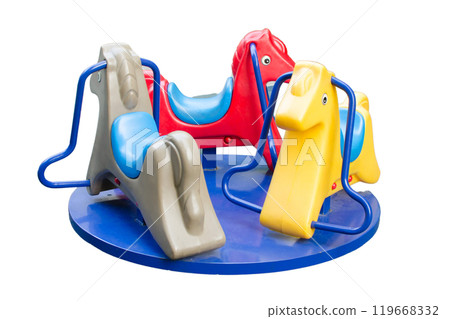 children's playground with a variety of play structures. The playground is surrounded by grass and trees 119668332