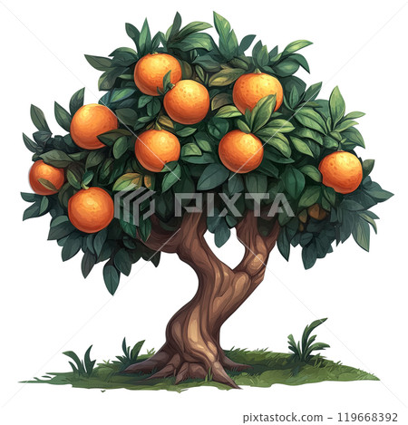 Generative ai illustration Cartoon of a orange Tree with lush foliage Generative ai illustration Cartoon of a orange Tree with lush foliage 119668392