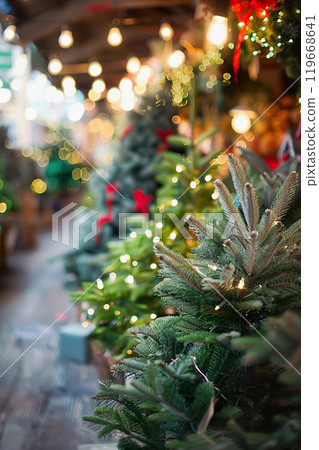 Christmas trees for sale in a festive market filled with lights and decorations. 119668641
