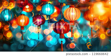 Colorful Chinese lanterns illuminate a festive celebration during the holiday season at night. 119668642