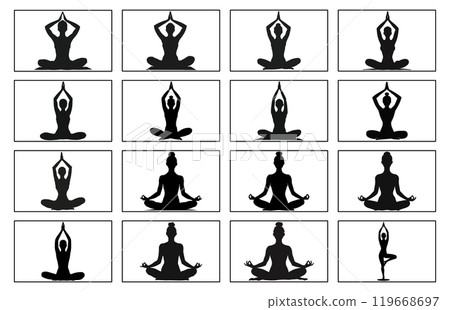 Yoga silhouette. Meditating woman in lotus position illustration. Yoga silhouette. Meditating woman in lotus position illustration. 119668697