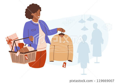 Shopping, seasonal sale. Happy black ethnic woman with gift in shopping cart buys fashionable sweater near brick wall with female mannequins in dress. Vector illustration. Holiday female shopper. 119669007
