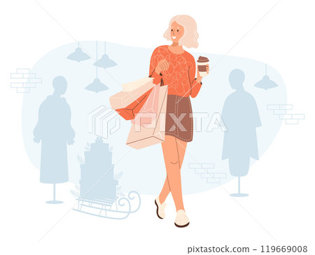 Shopping. Happy buyer woman blonde with takeaway coffee and package. Interior of store with Female mannequins in dress and New Year sleigh with gift boxes. Vector illustration. Shopper Shopping. Happy buyer woman blonde with takeaway coffee and package. Interior of store with Female mannequins in dress and New Year sleigh with gift boxes. Vector illustration. Shopper 119669008