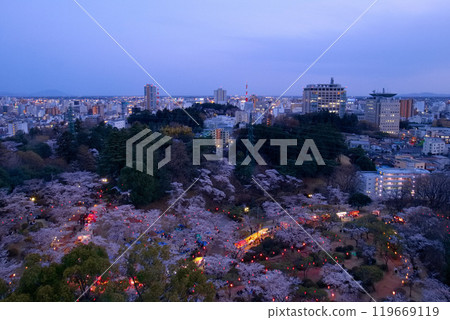 從宇都宮市宇都宮塔看到的八幡山公園和城市景觀 從宇都宮市宇都宮塔看到的八幡山公園和城市景觀 119669119