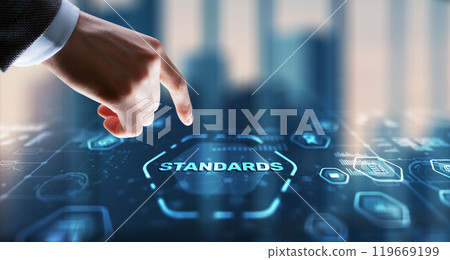 Businessman clicks Standards Quality assurance and control concept 119669199