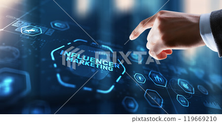 Influencer marketing concept. Promotion of goods or services through influencers Influencer marketing concept. Promotion of goods or services through influencers 119669210
