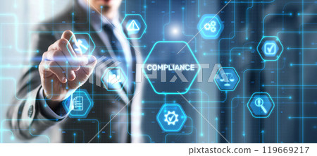 Businessman clicks Compliance Rules Law Business Technology concept 119669217