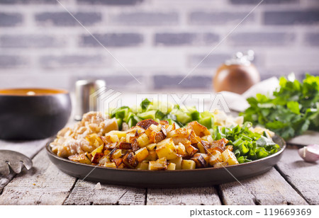 ingredients for salad. chicken, fried potato and vegetables 119669369